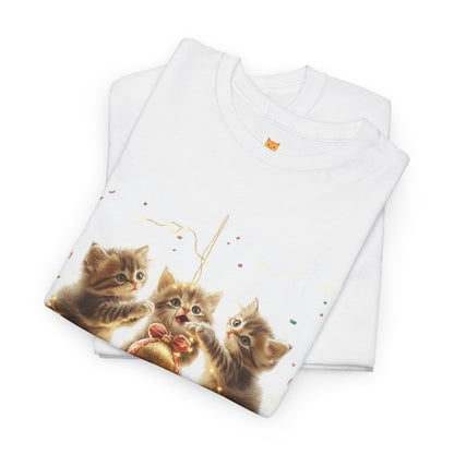 Golden Trio Cat T-Shirt: Playful Kittens with Festive Sparkler Design