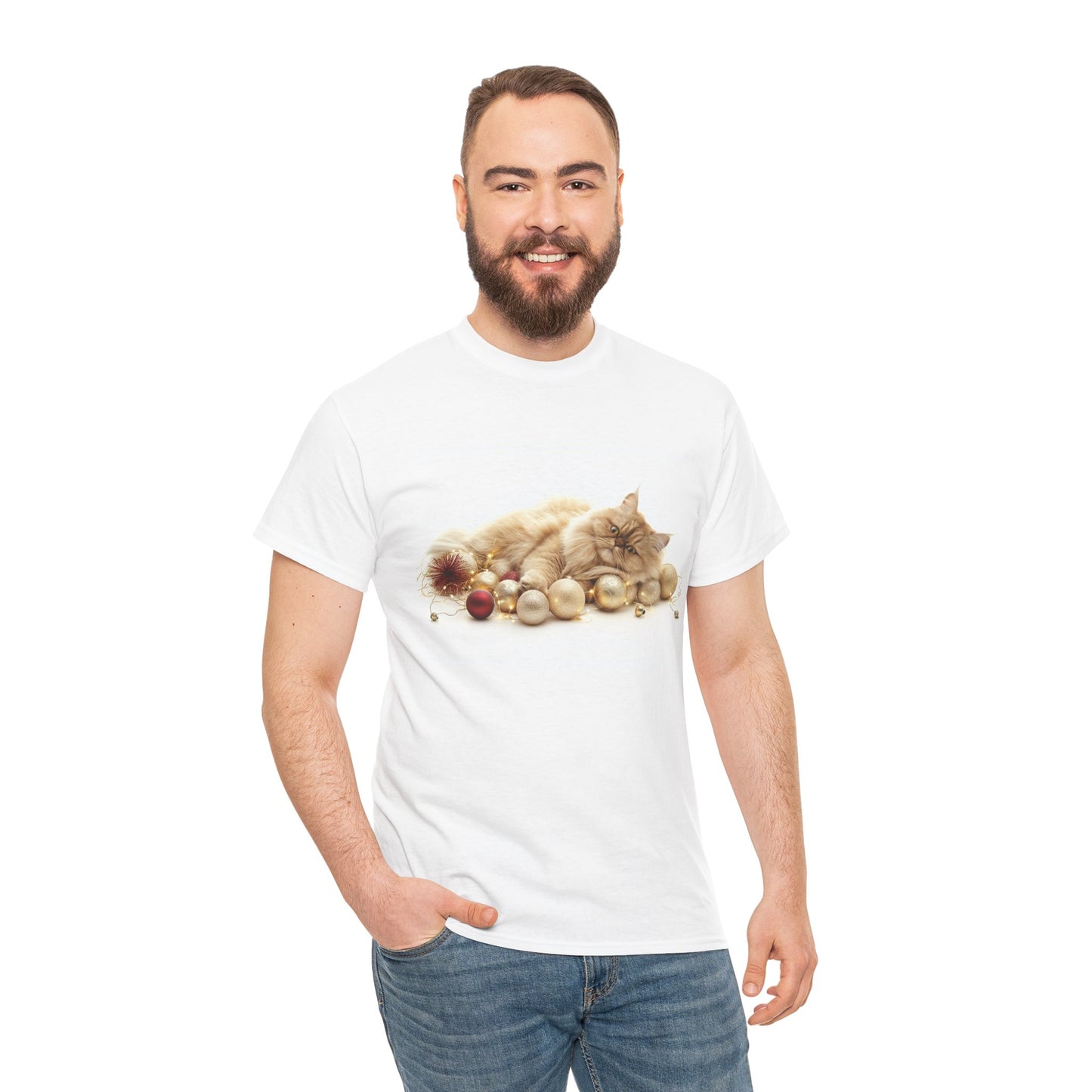 Festive Nap Cat T-Shirt – Cozy Holiday Design Featuring a Sleeping Cat and Ornaments