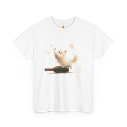 Playful Champagne Cat T-Shirt: Whimsical design featuring a cheerful cat with sparkling details.