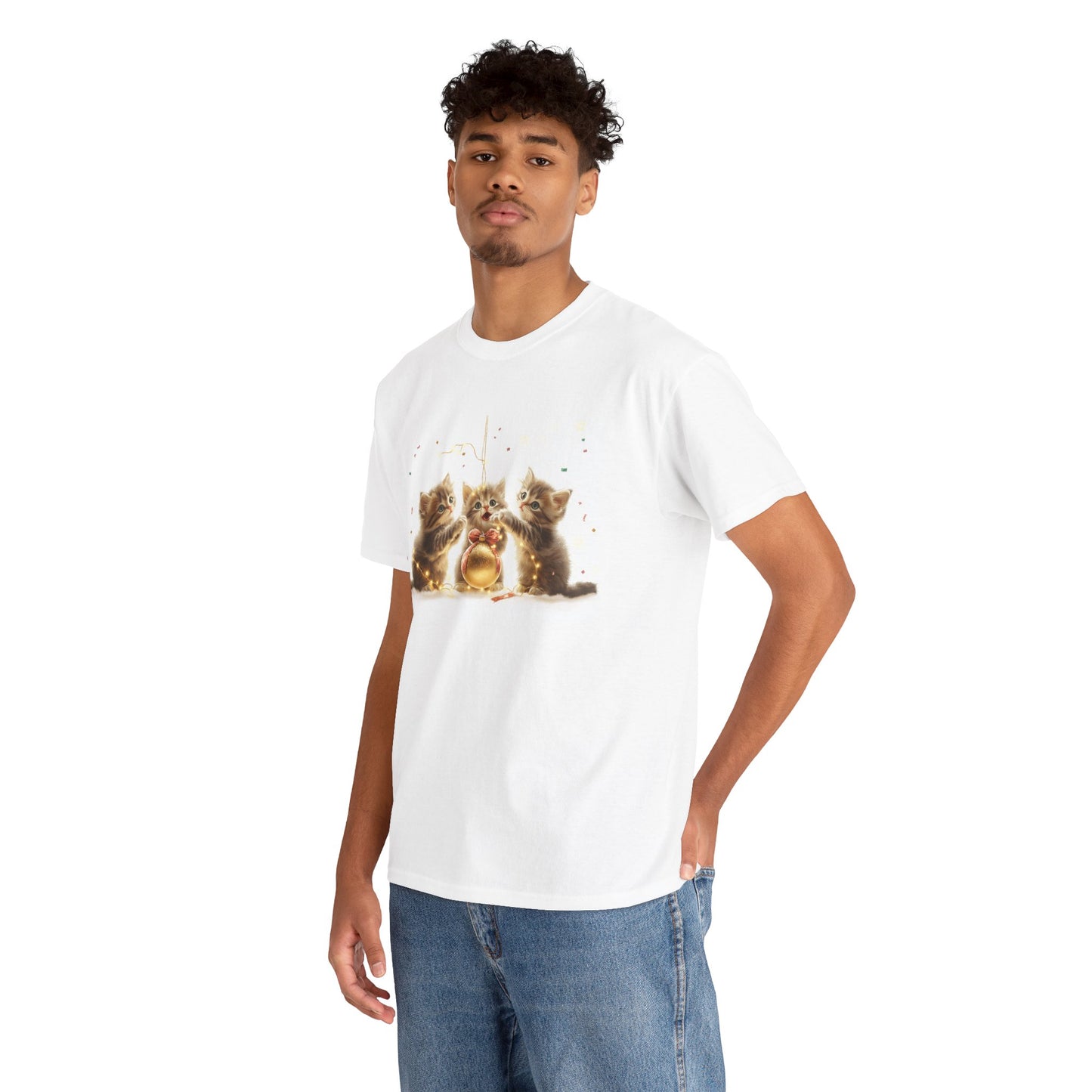 Golden Trio Cat T-Shirt: Playful Kittens with Festive Sparkler Design