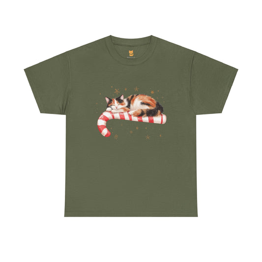 Candy Cane Cat Tee: Festive Cat Sleeping on Candy Cane Design