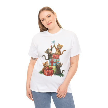 Merry Christmas Cats T Shirt Fun Xmas Design on Super Soft Cotton Tee