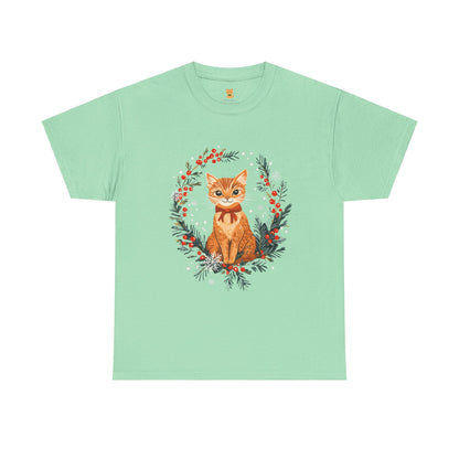 Festive Wreath Cat T-Shirt - Holiday Cat Design with Seasonal Charm