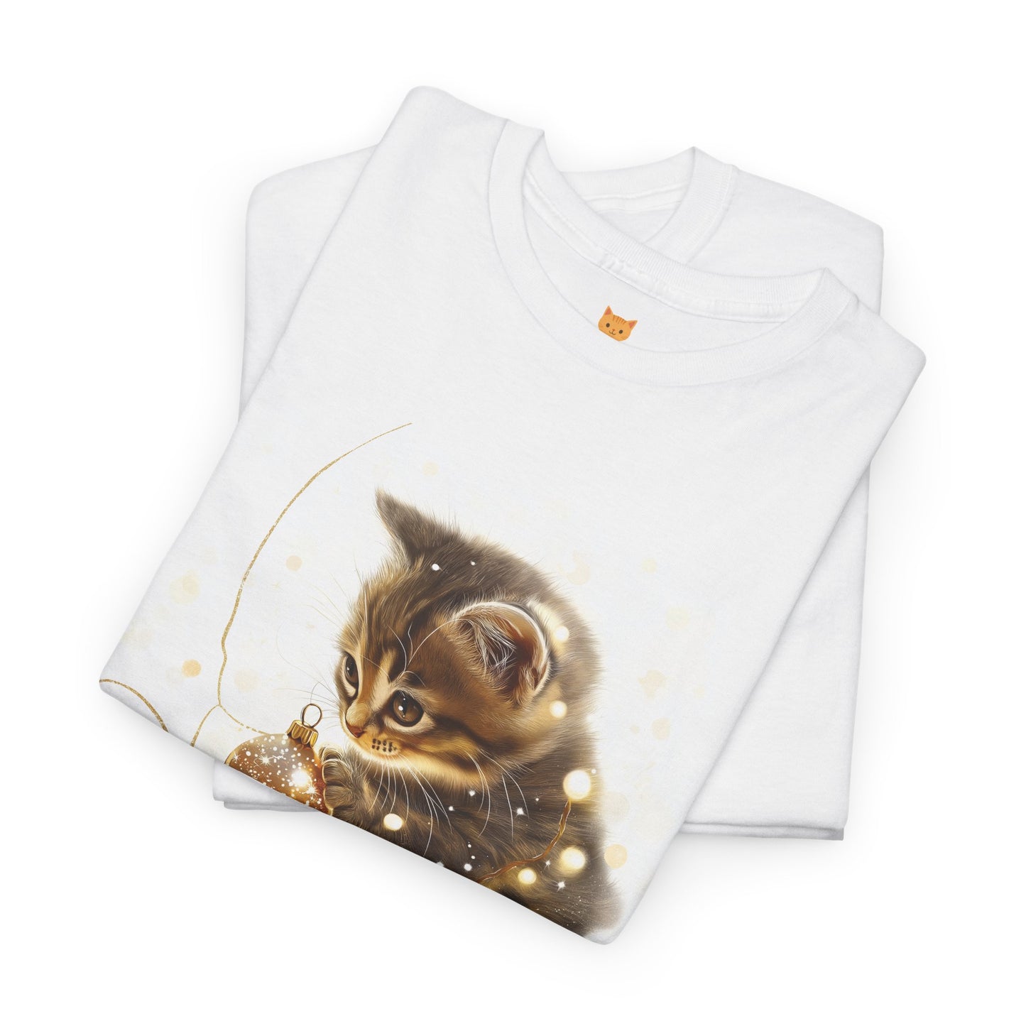 Golden Lights Kitten T-Shirt – Playful Festive Kitten Playing with Fairy Lights