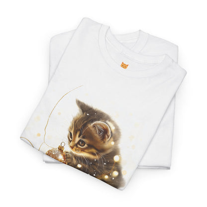 Golden Lights Kitten T-Shirt – Playful Festive Kitten Playing with Fairy Lights