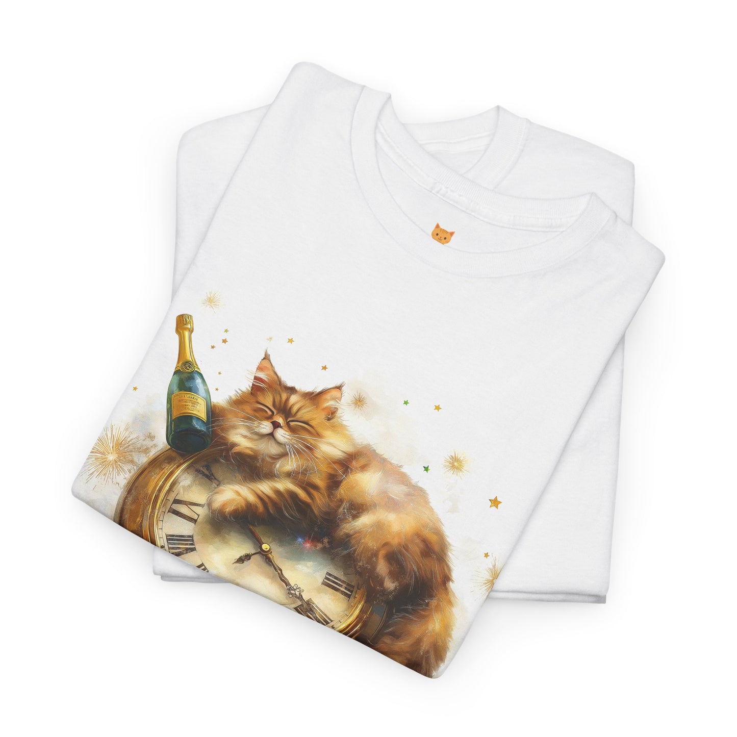 New Year's Cat with Clock and Champagne - Festive T-Shirt Design