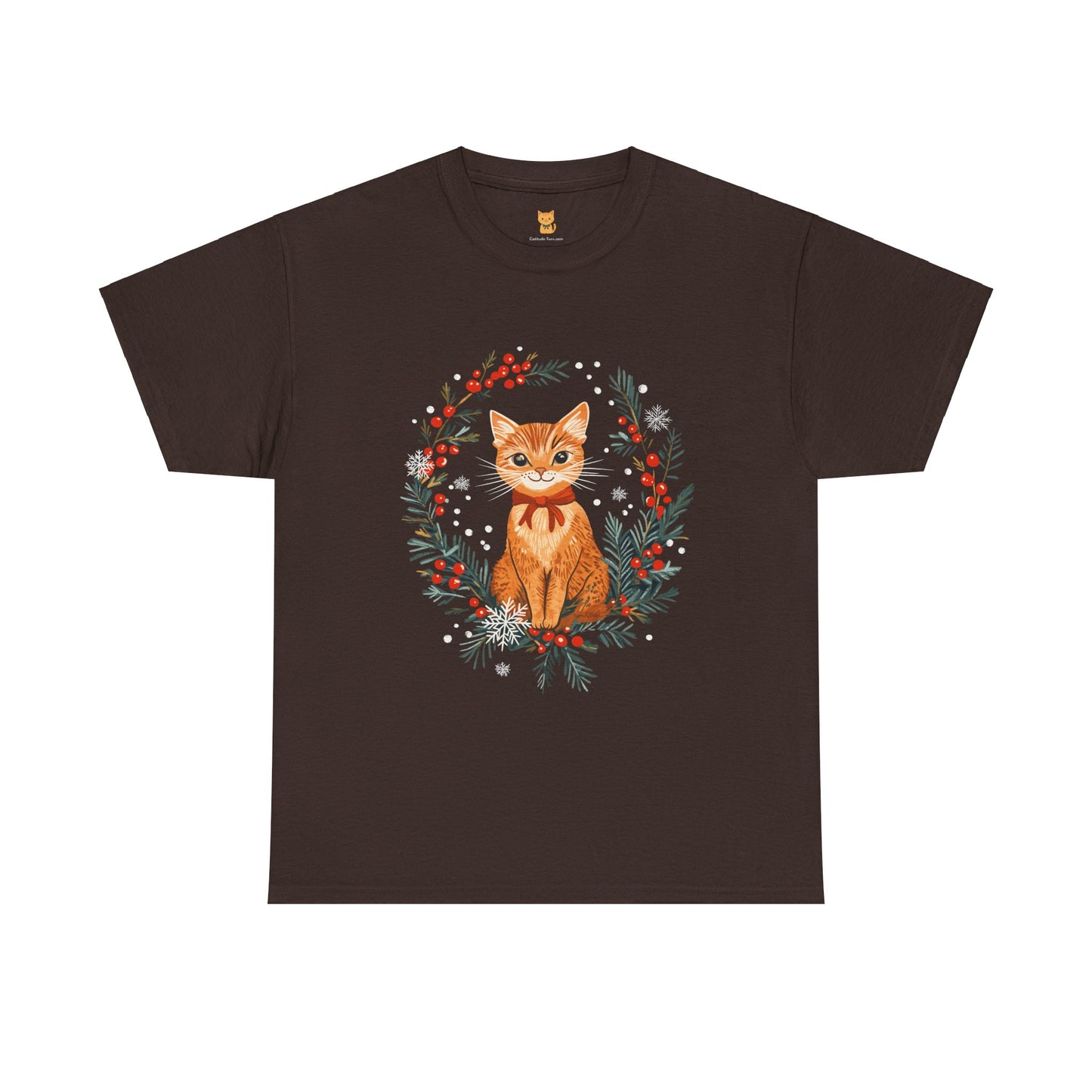 Festive Wreath Cat T-Shirt - Holiday Cat Design with Seasonal Charm