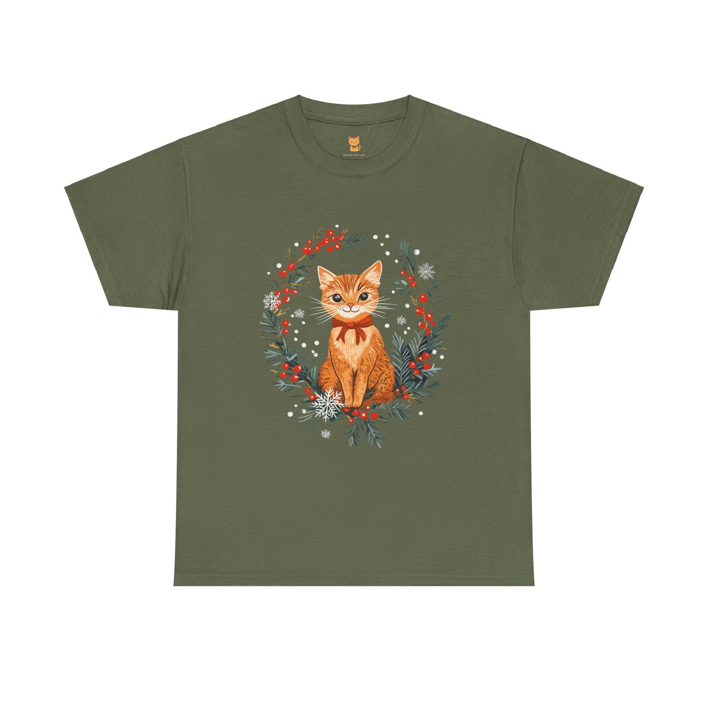 Festive Wreath Cat T-Shirt - Holiday Cat Design with Seasonal Charm