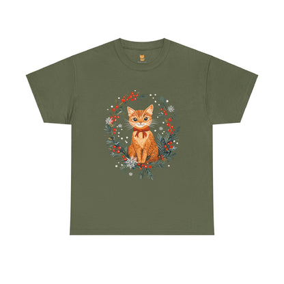 Festive Wreath Cat T-Shirt - Holiday Cat Design with Seasonal Charm