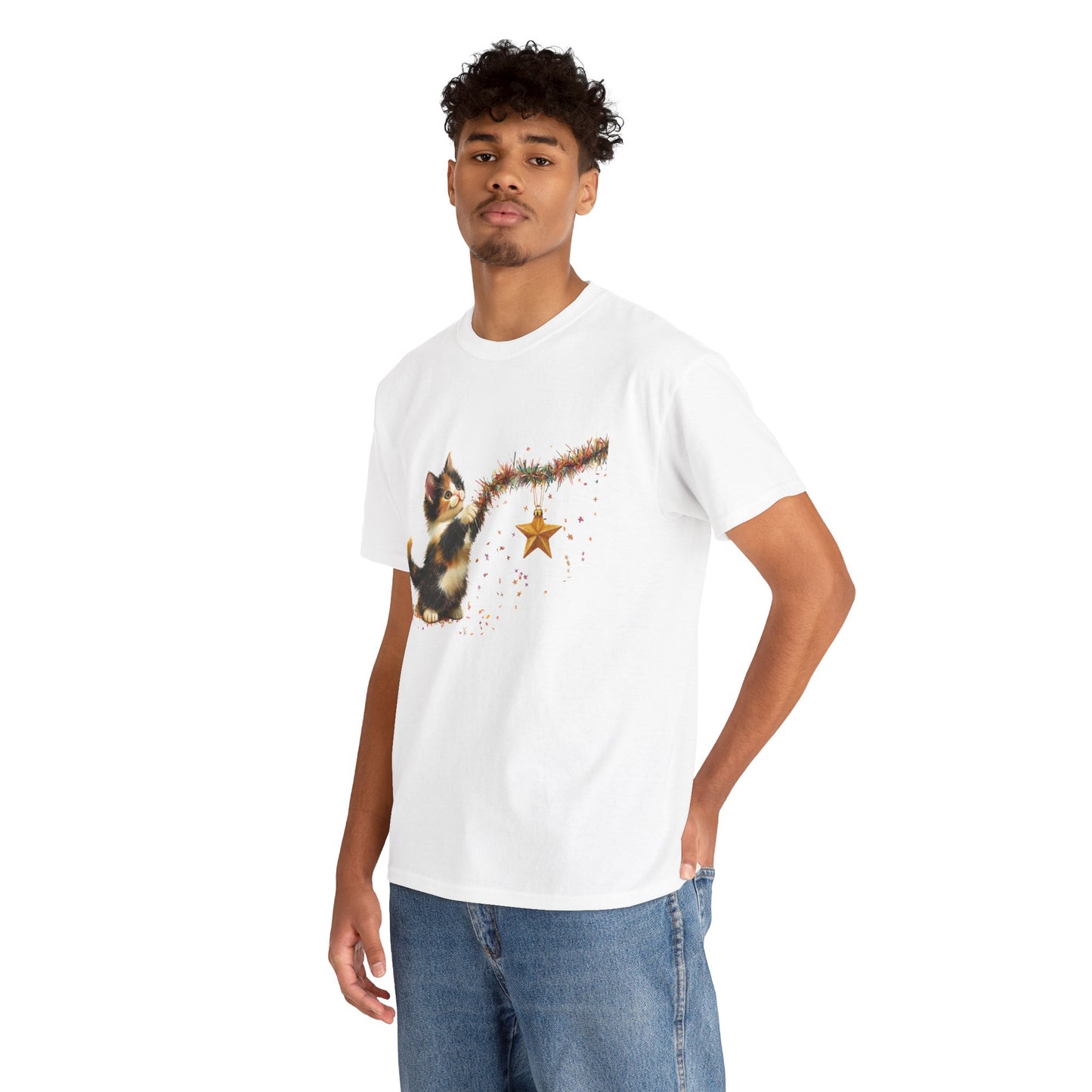 Playful Kitten Star T-Shirt - Funny Cat and Christmas Star on Comfy Cotton Tee