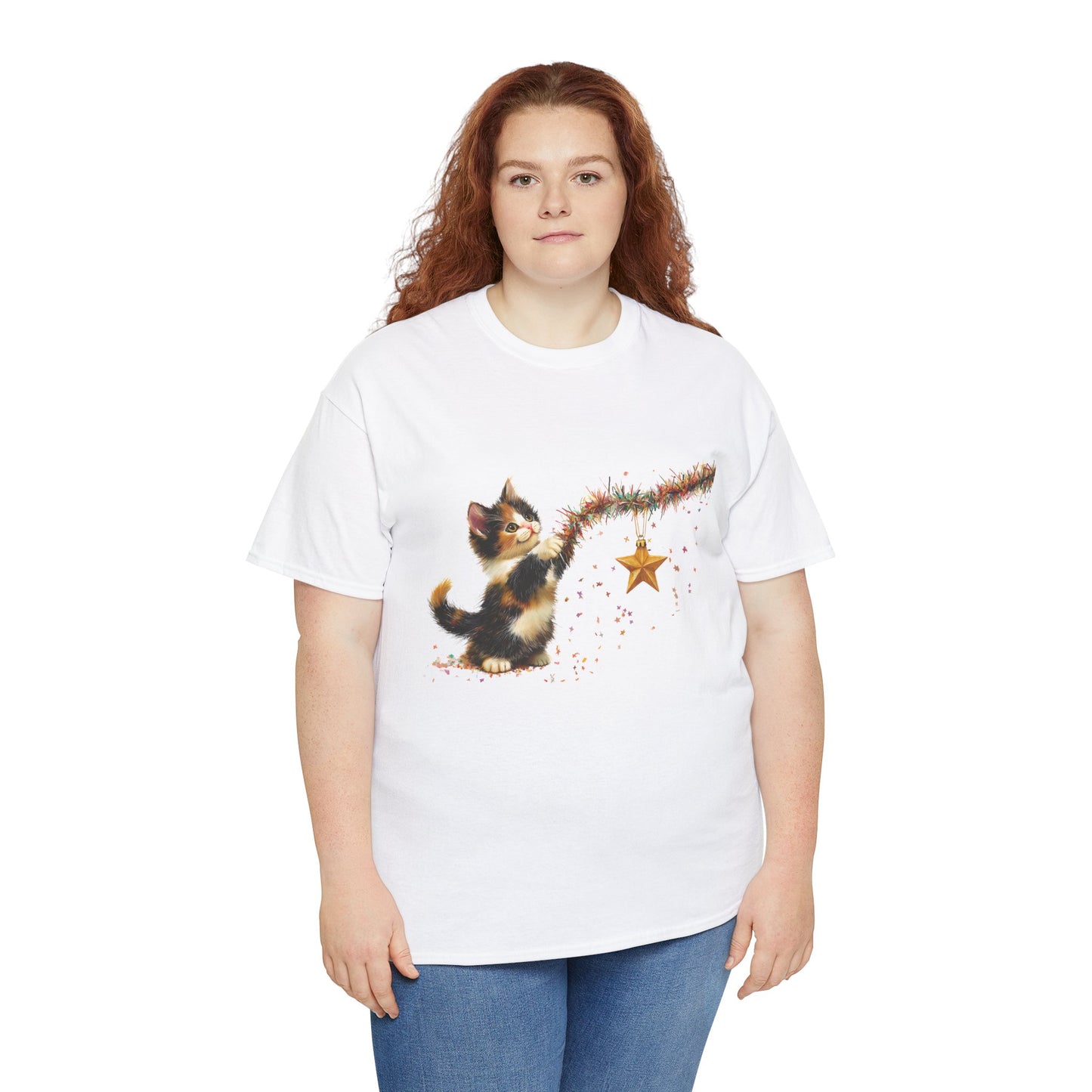 Playful Kitten Star T-Shirt - Funny Cat and Christmas Star on Comfy Cotton Tee