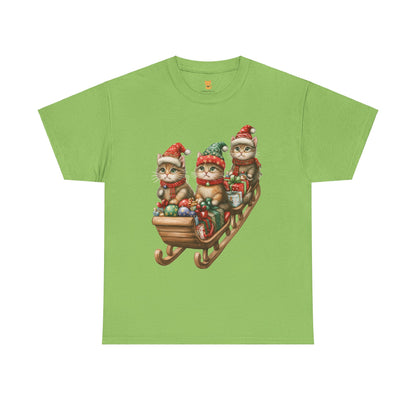 Festive Sleigh Cats T-Shirt – Adorable Holiday Design on Cozy Cotton Tee