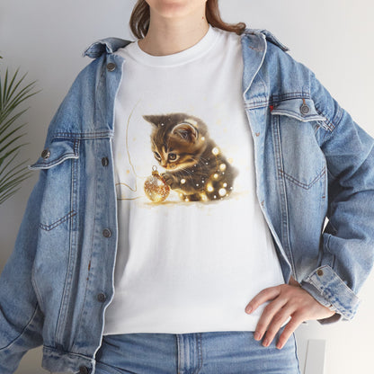 Golden Lights Kitten T-Shirt – Playful Festive Kitten Playing with Fairy Lights