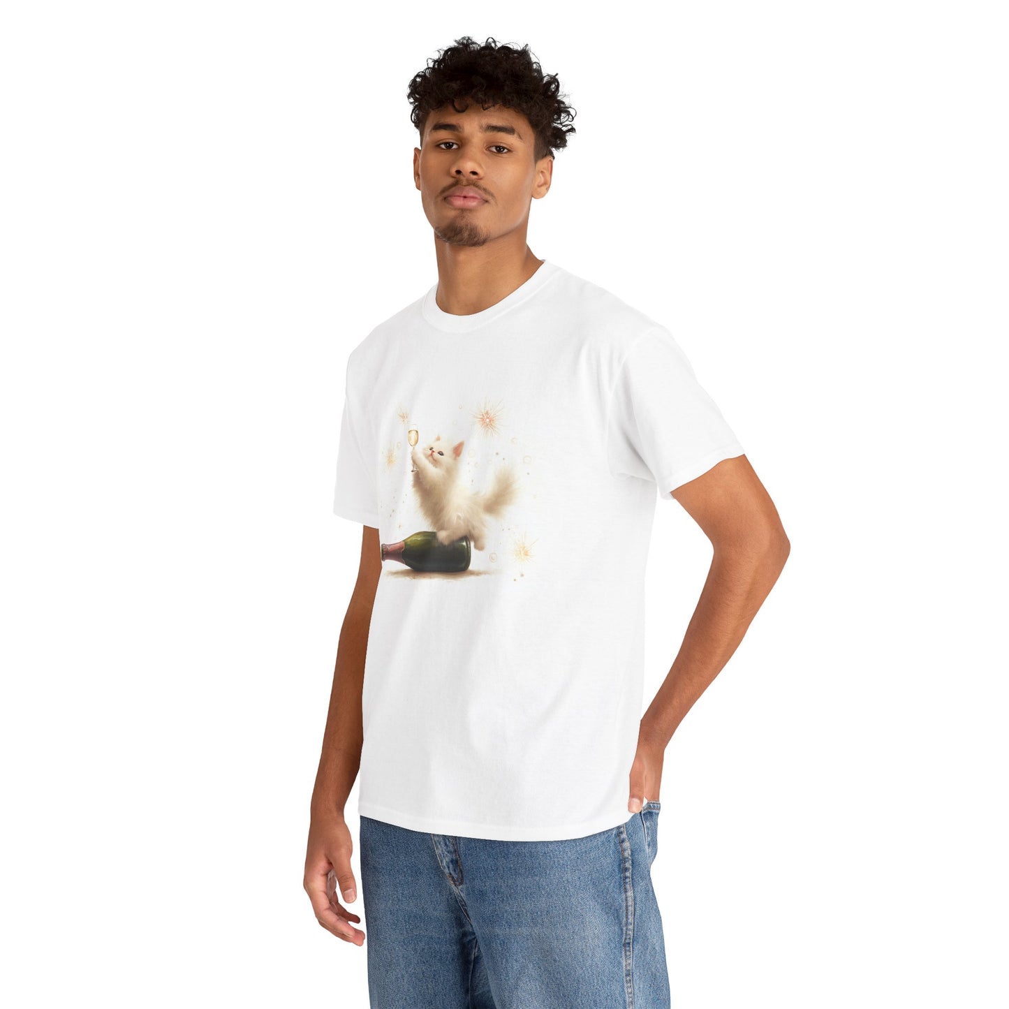 Playful Champagne Cat T-Shirt: Whimsical design featuring a cheerful cat with sparkling details.