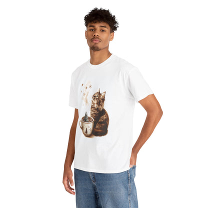 Cozy Cat Coffee T-Shirt - Cute Kitten and Coffee Cup Design on Comfortable Cotton Tee