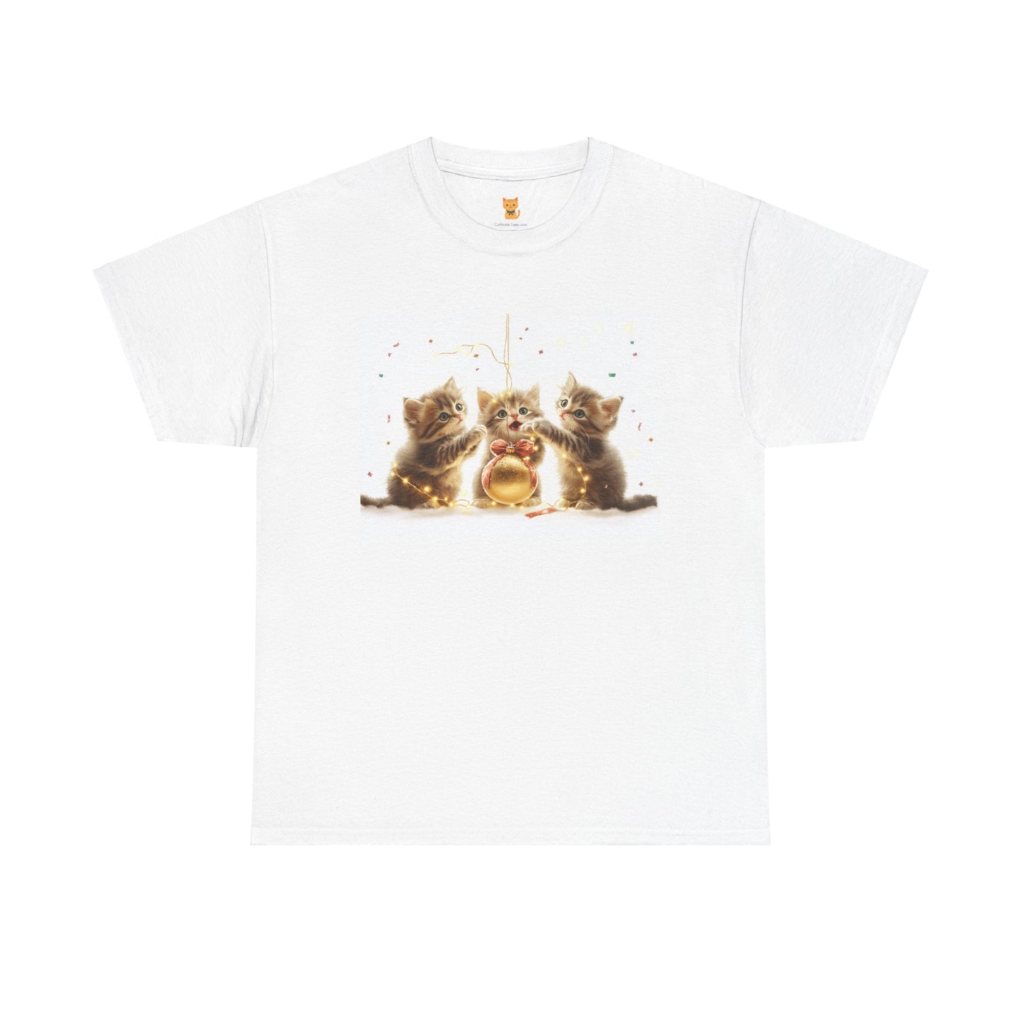 Golden Trio Cat T-Shirt: Playful Kittens with Festive Sparkler Design