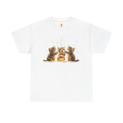 Golden Trio Cat T-Shirt: Playful Kittens with Festive Sparkler Design