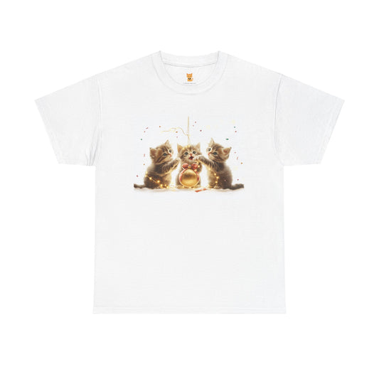 Golden Trio Cat T-Shirt: Playful Kittens with Festive Sparkler Design