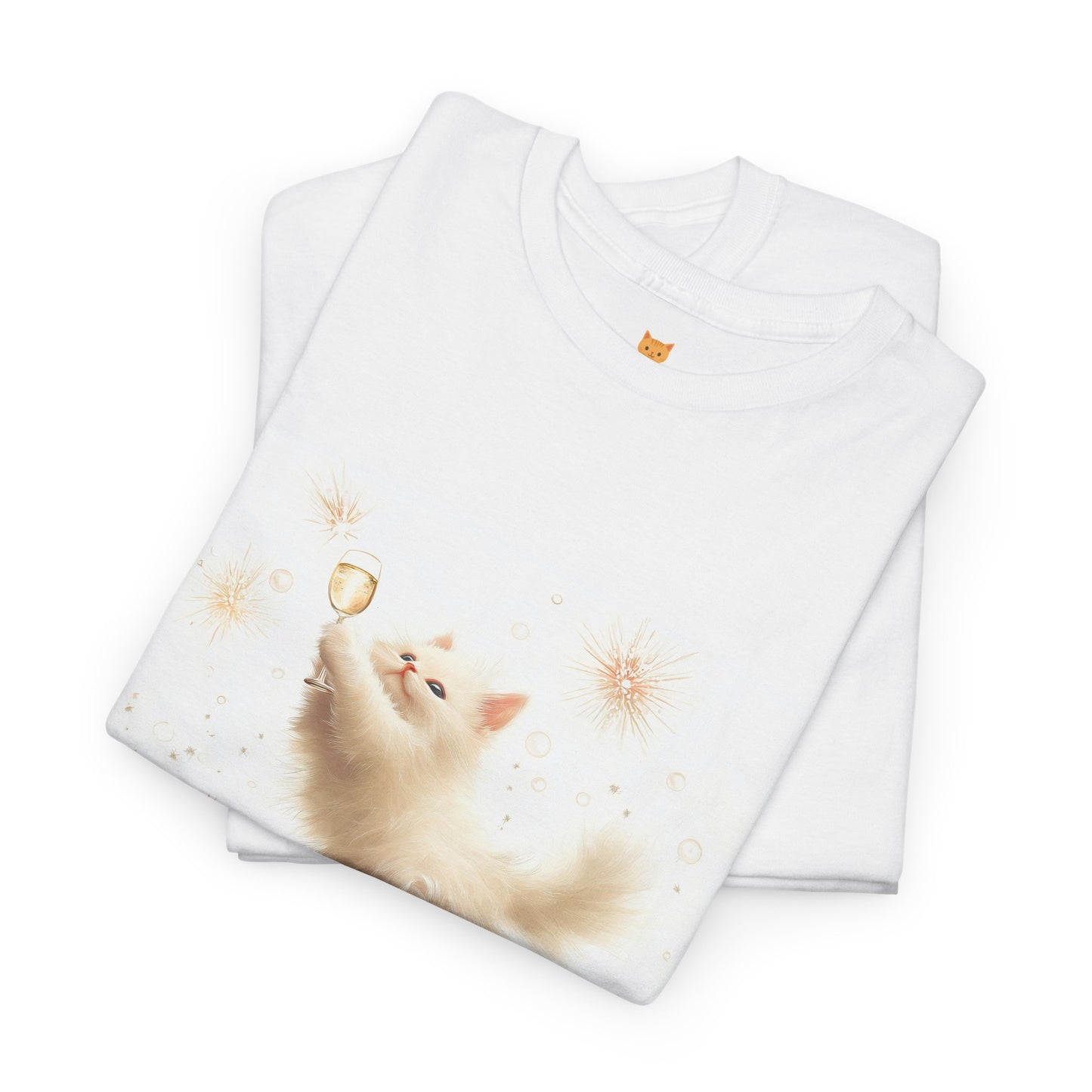 Playful Champagne Cat T-Shirt: Whimsical design featuring a cheerful cat with sparkling details.