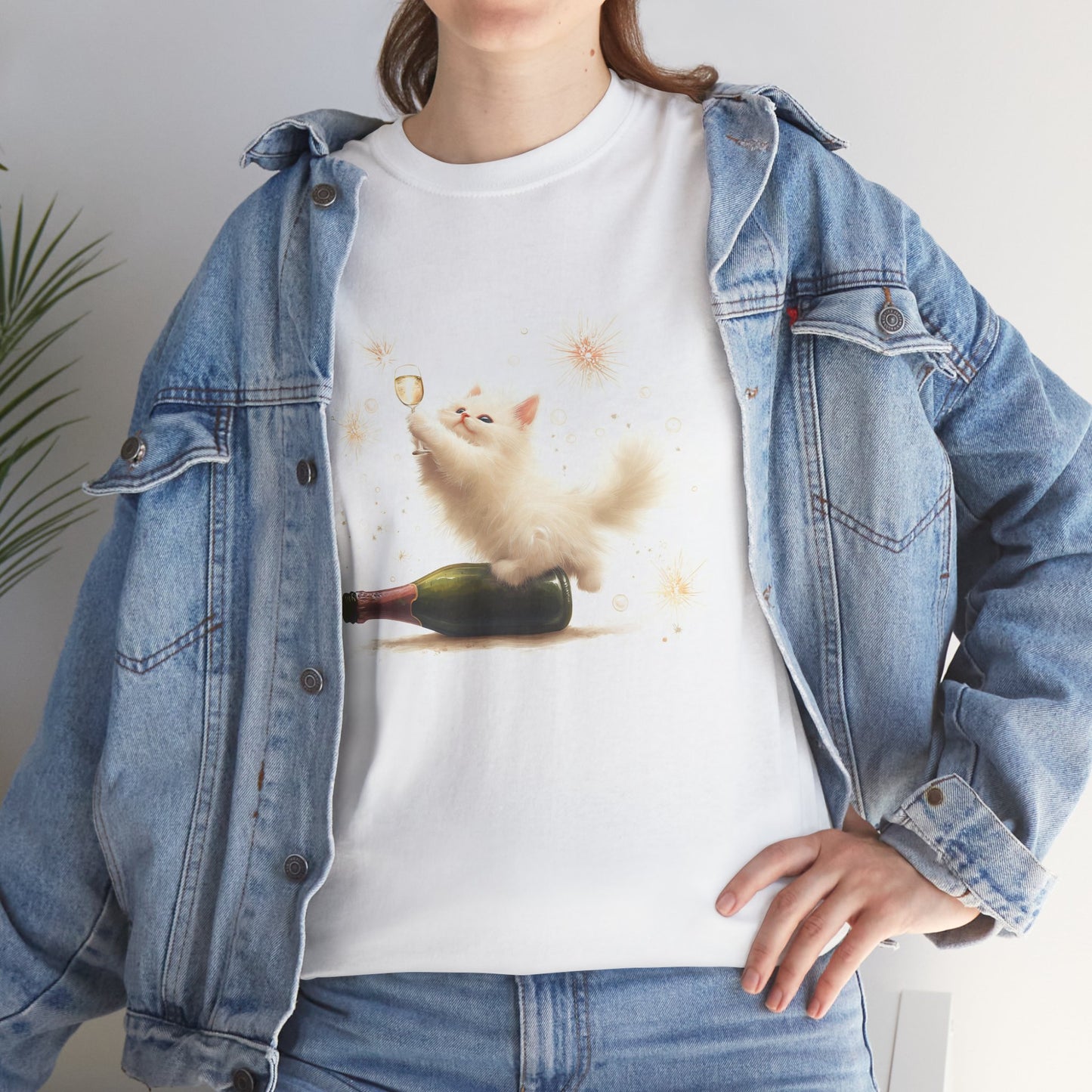 Playful Champagne Cat T-Shirt: Whimsical design featuring a cheerful cat with sparkling details.