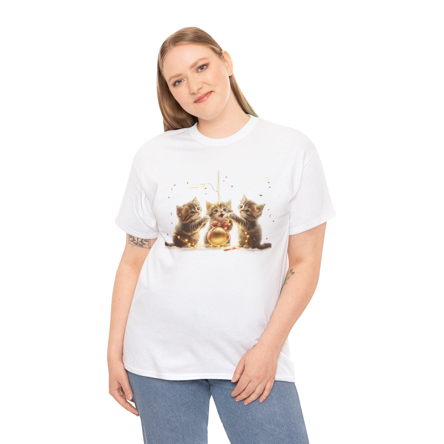 Golden Trio Cat T-Shirt: Playful Kittens with Festive Sparkler Design