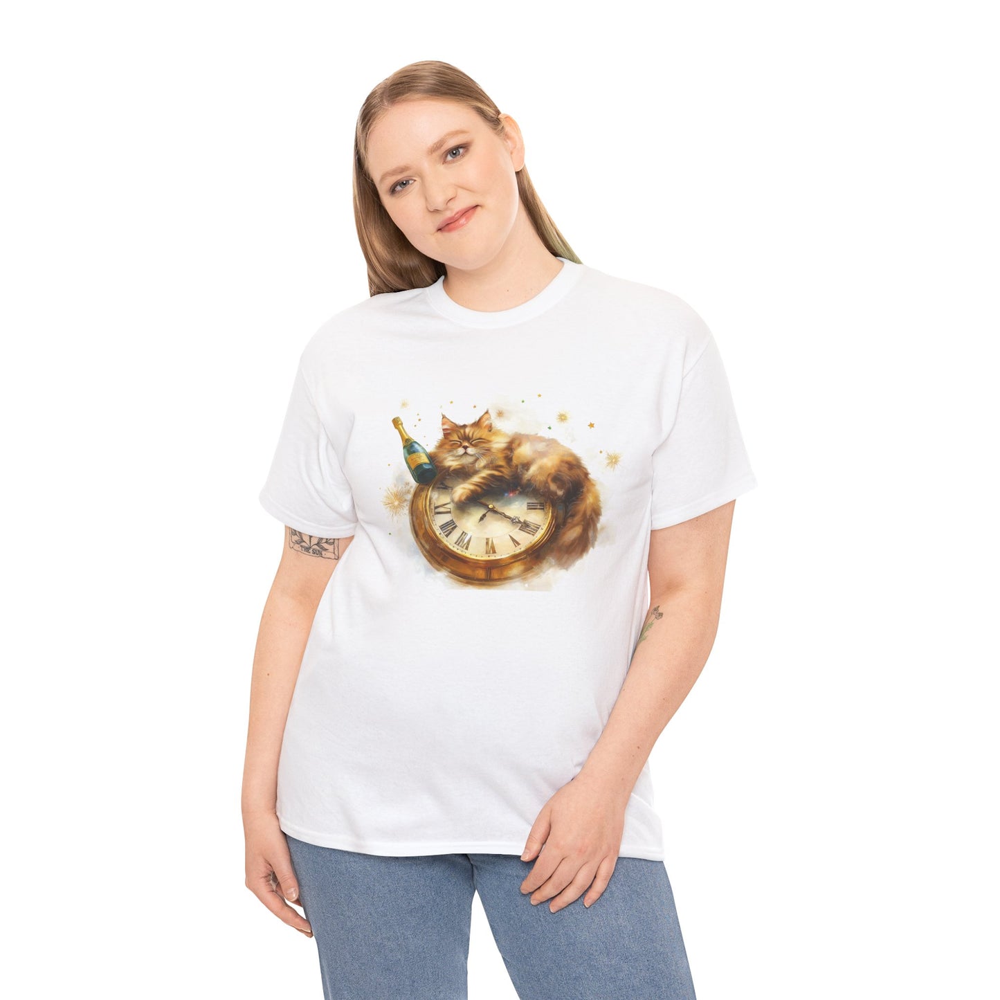 New Year's Cat with Clock and Champagne - Festive T-Shirt Design