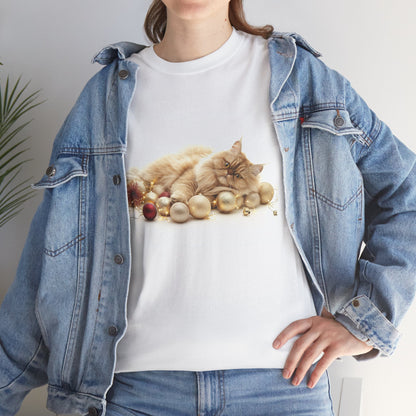 Festive Nap Cat T-Shirt – Cozy Holiday Design Featuring a Sleeping Cat and Ornaments