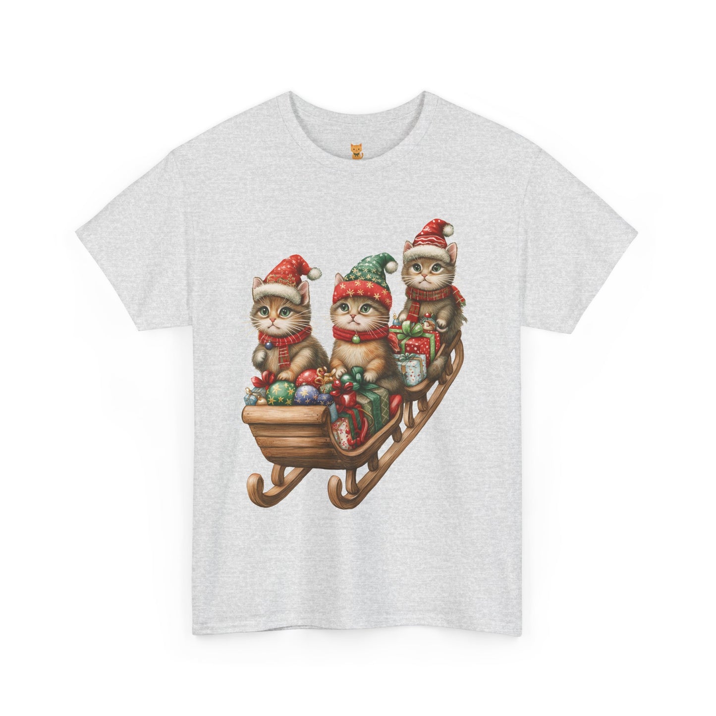 Festive Sleigh Cats T-Shirt – Adorable Holiday Design on Cozy Cotton Tee