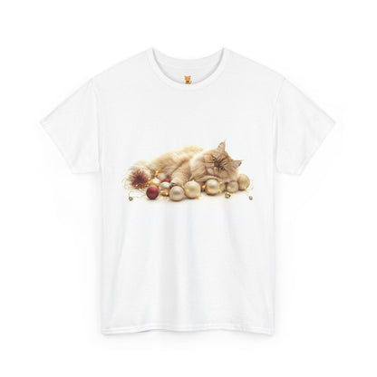 Festive Nap Cat T-Shirt – Cozy Holiday Design Featuring a Sleeping Cat and Ornaments