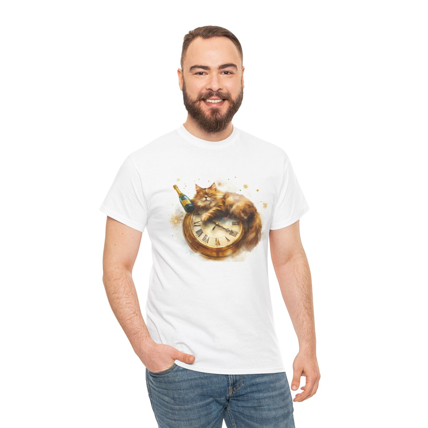 New Year's Cat with Clock and Champagne - Festive T-Shirt Design