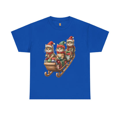 Festive Sleigh Cats T-Shirt – Adorable Holiday Design on Cozy Cotton Tee