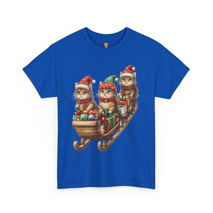 Festive Sleigh Cats T-Shirt – Adorable Holiday Design on Cozy Cotton Tee