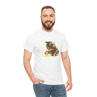 Golden Lights Kitten T-Shirt – Playful Festive Kitten Playing with Fairy Lights