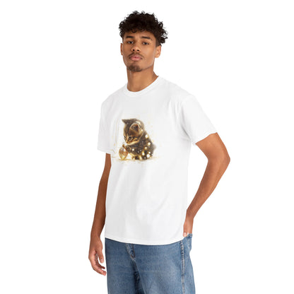 Golden Lights Kitten T-Shirt – Playful Festive Kitten Playing with Fairy Lights