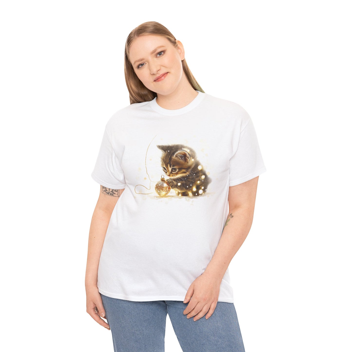 Golden Lights Kitten T-Shirt – Playful Festive Kitten Playing with Fairy Lights