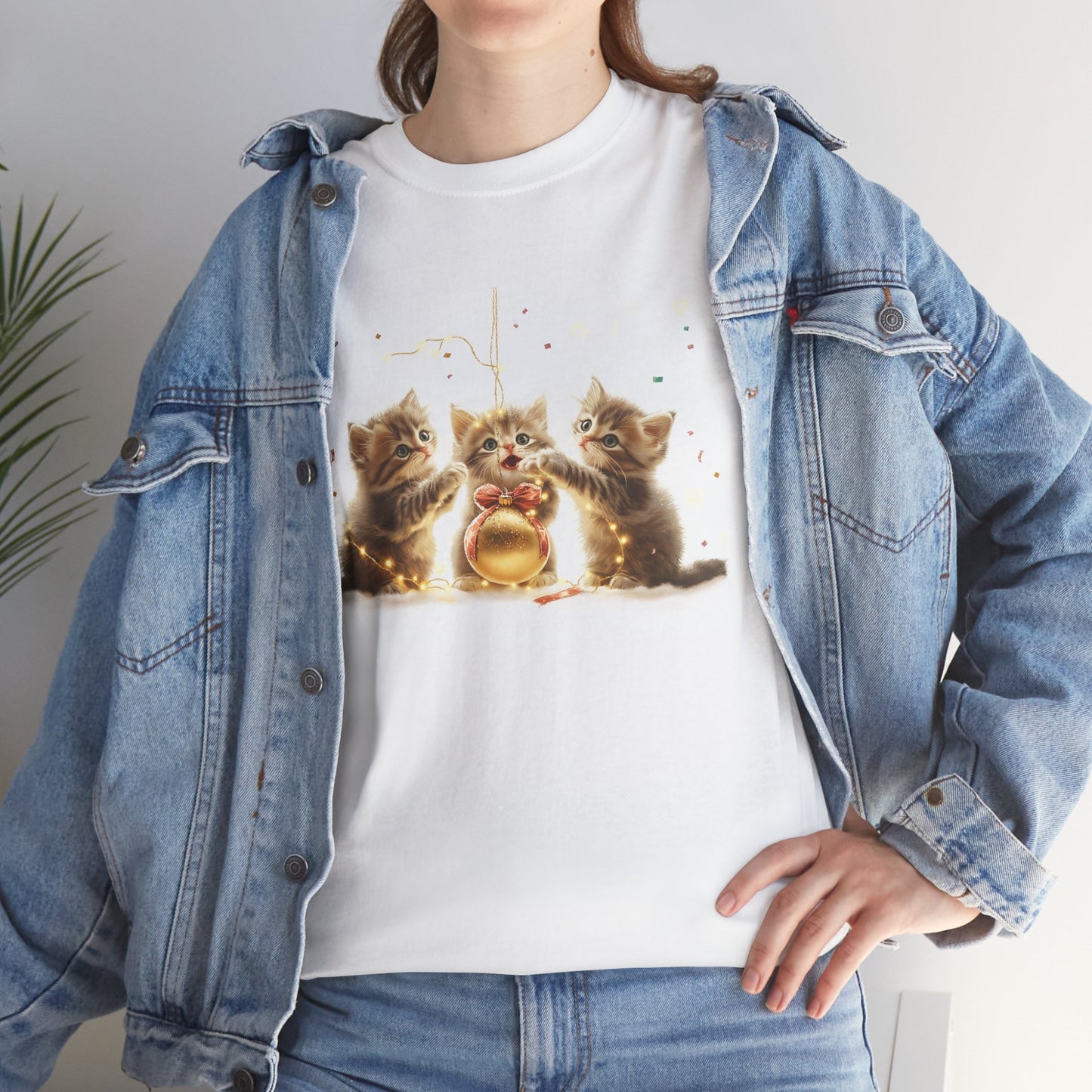 Golden Trio Cat T-Shirt: Playful Kittens with Festive Sparkler Design