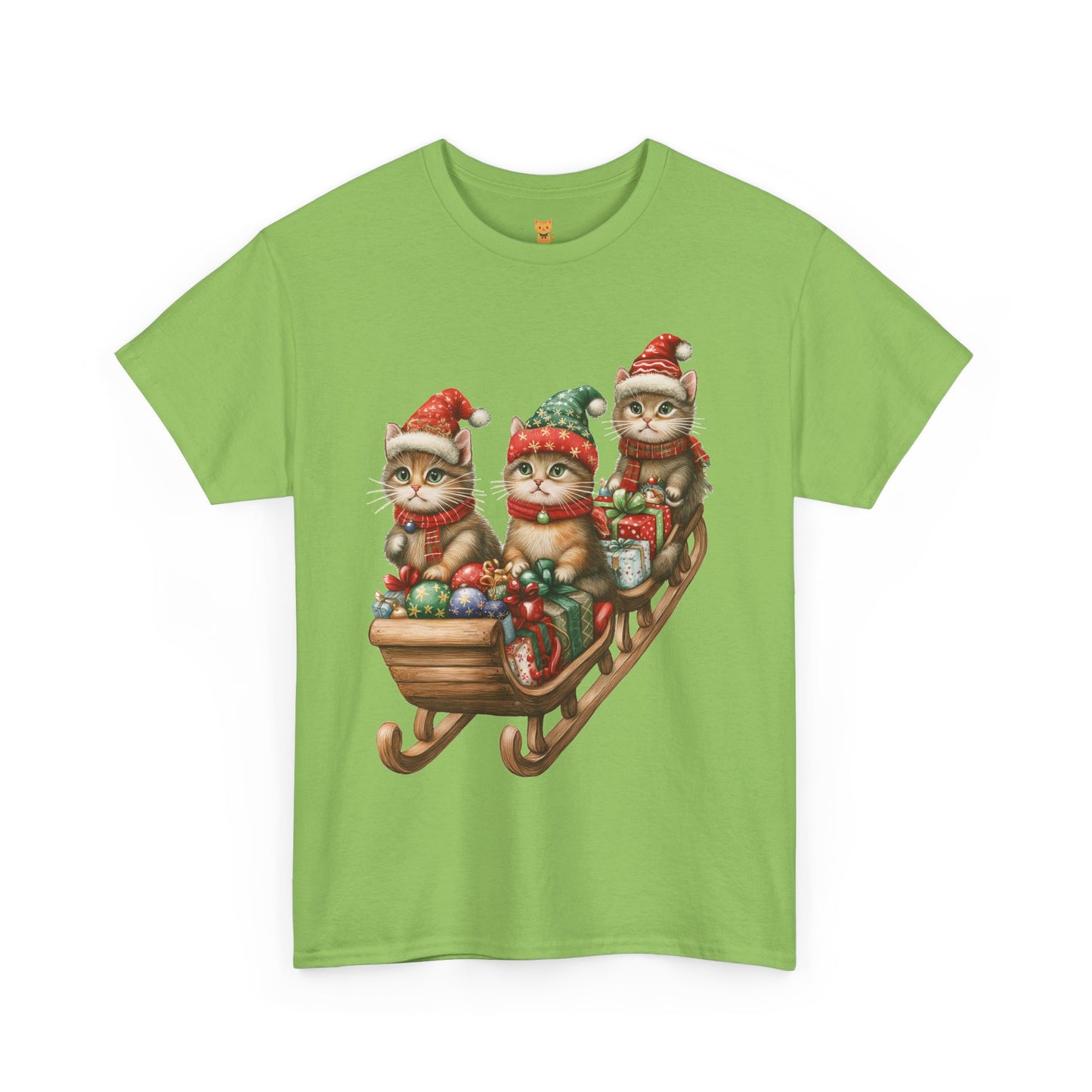 Festive Sleigh Cats T-Shirt – Adorable Holiday Design on Cozy Cotton Tee