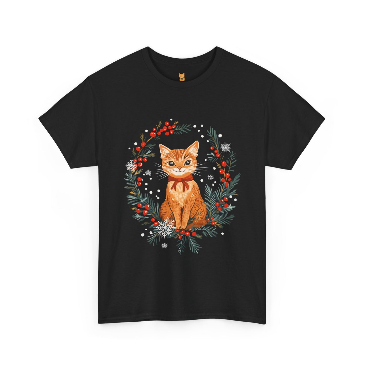 Festive Wreath Cat T-Shirt - Holiday Cat Design with Seasonal Charm