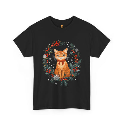 Festive Wreath Cat T-Shirt - Holiday Cat Design with Seasonal Charm