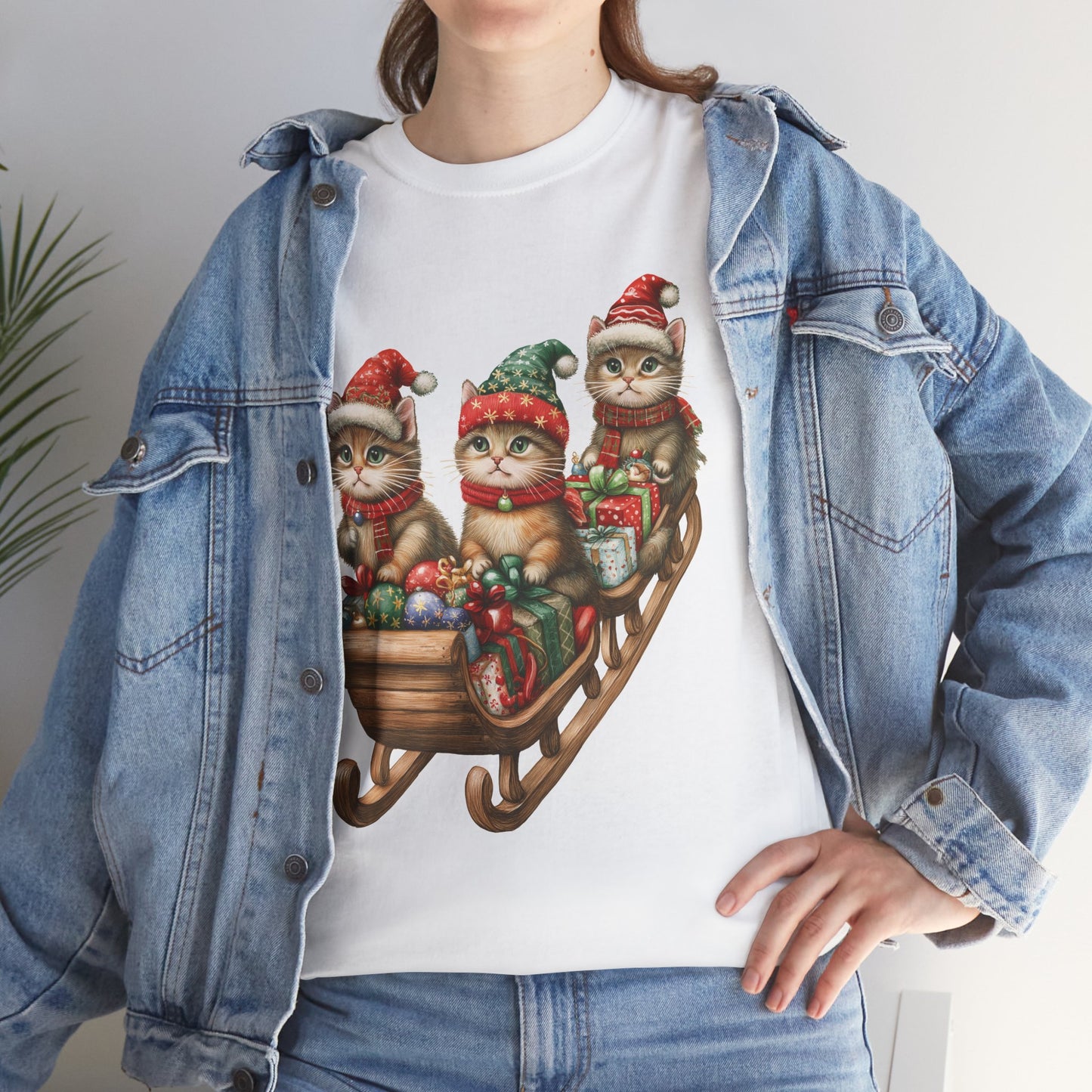 Festive Sleigh Cats T-Shirt – Adorable Holiday Design on Cozy Cotton Tee