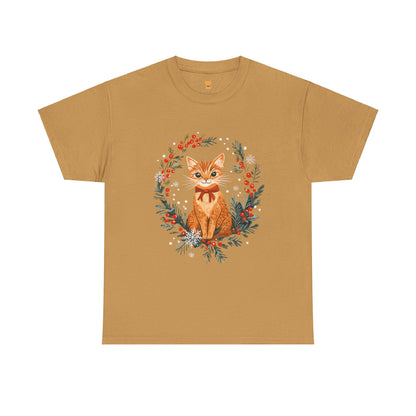 Festive Wreath Cat T-Shirt - Holiday Cat Design with Seasonal Charm