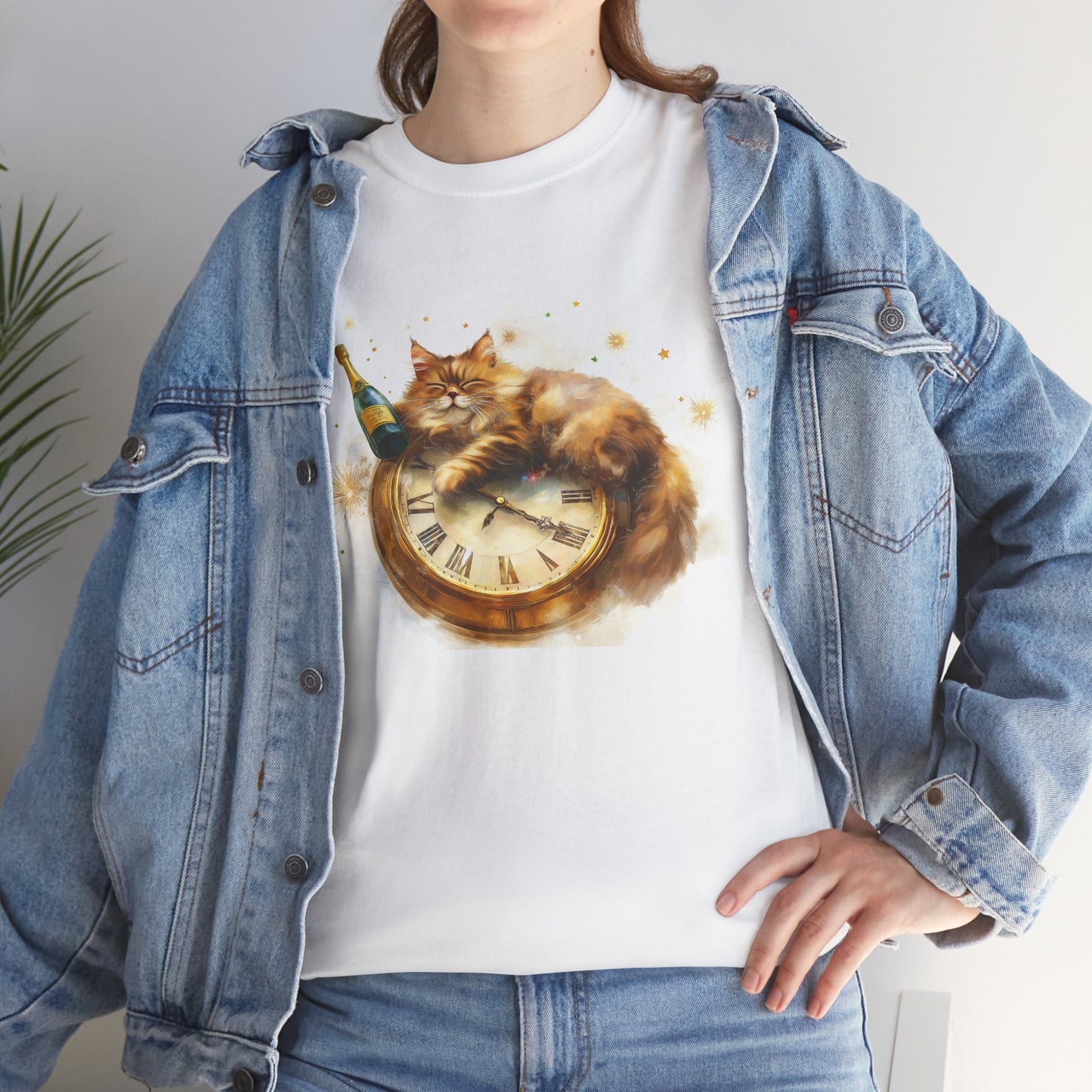 New Year's Cat with Clock and Champagne - Festive T-Shirt Design