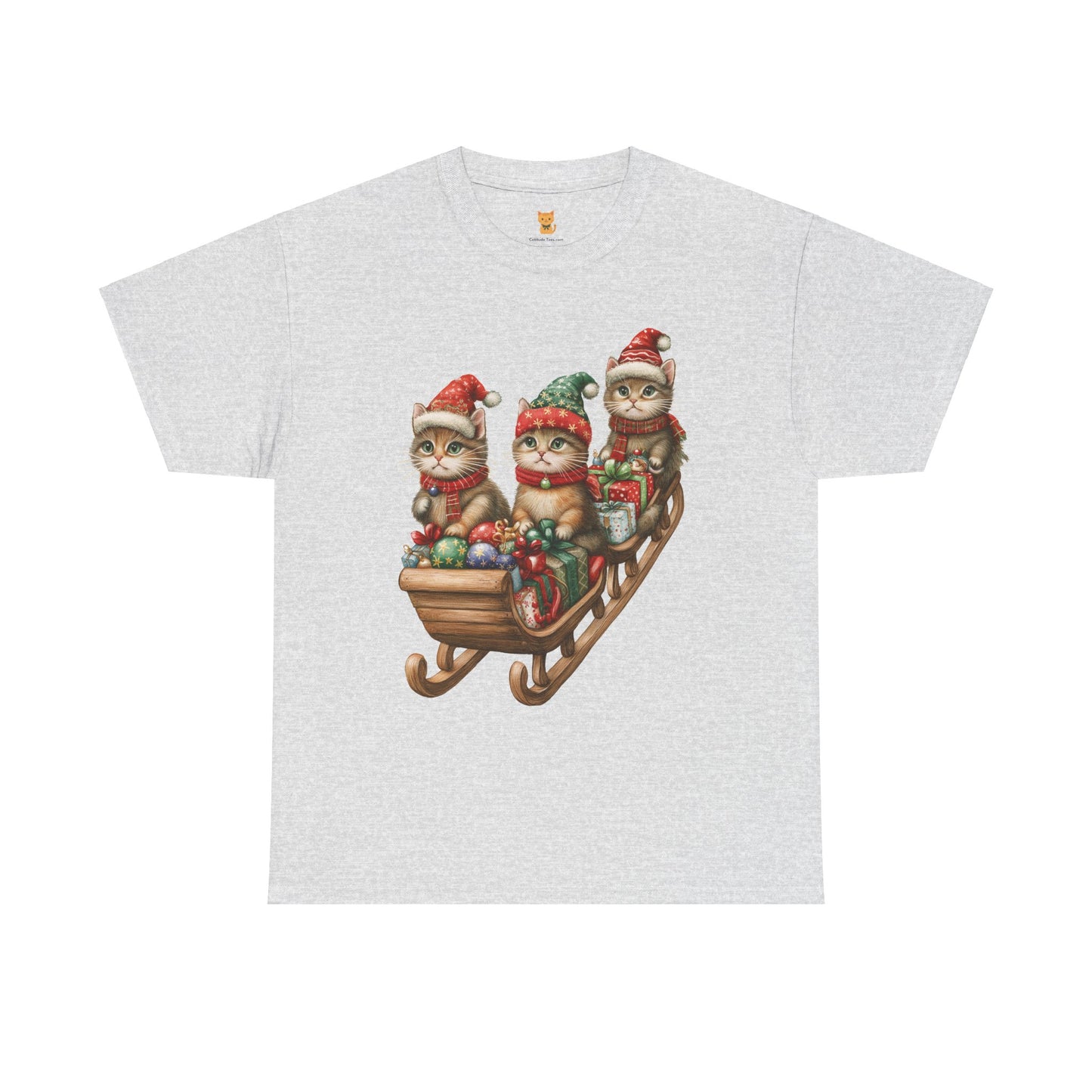 Festive Sleigh Cats T-Shirt – Adorable Holiday Design on Cozy Cotton Tee