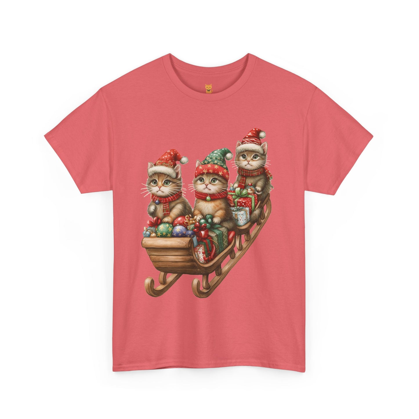 Festive Sleigh Cats T-Shirt – Adorable Holiday Design on Cozy Cotton Tee