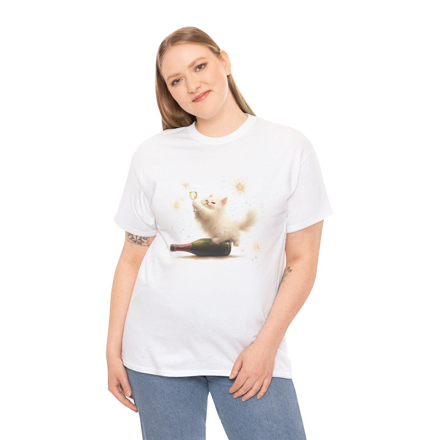 Playful Champagne Cat T-Shirt: Whimsical design featuring a cheerful cat with sparkling details.