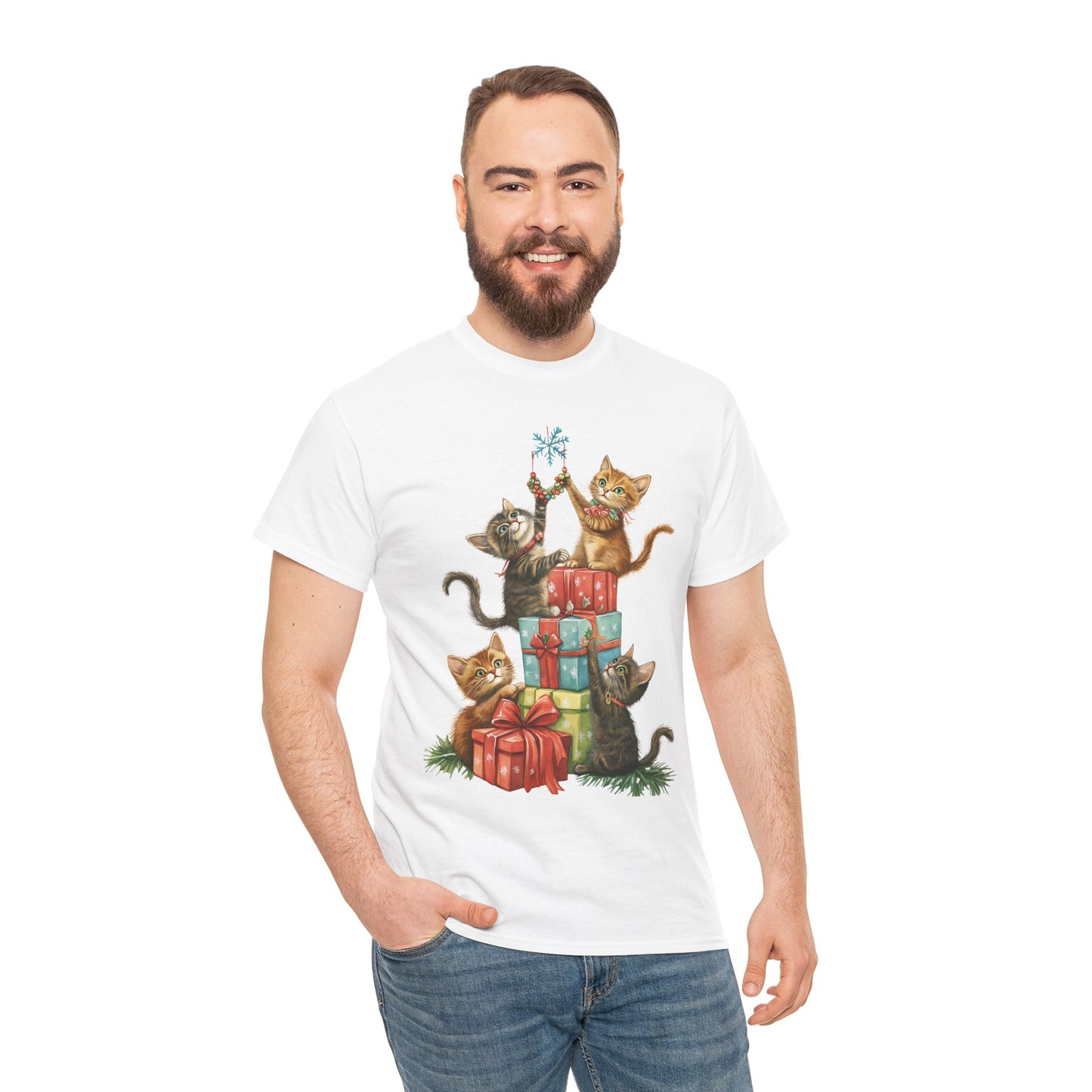 Merry Christmas Cats T Shirt Fun Xmas Design on Super Soft Cotton Tee