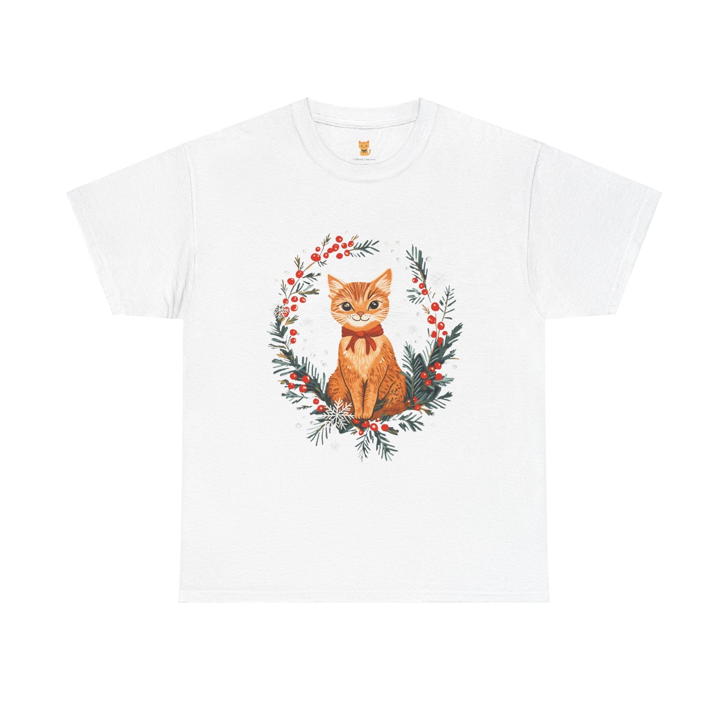 Festive Wreath Cat T-Shirt - Holiday Cat Design with Seasonal Charm