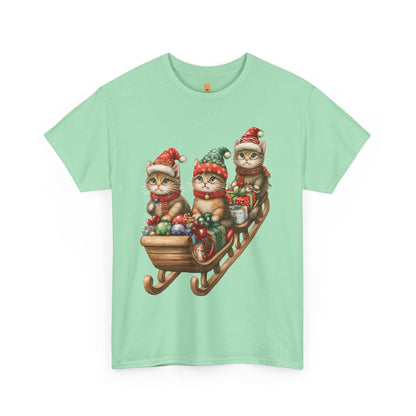 Festive Sleigh Cats T-Shirt – Adorable Holiday Design on Cozy Cotton Tee