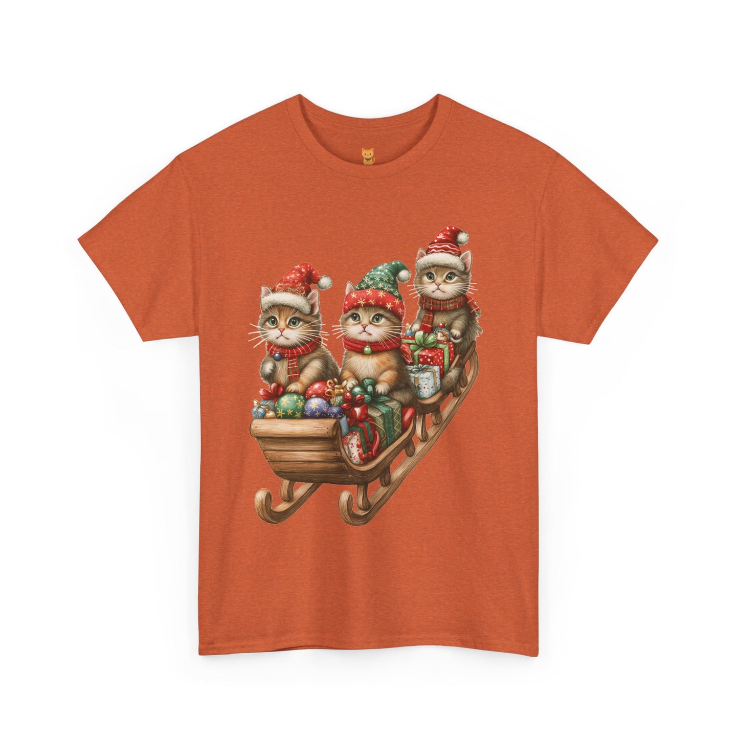 Festive Sleigh Cats T-Shirt – Adorable Holiday Design on Cozy Cotton Tee