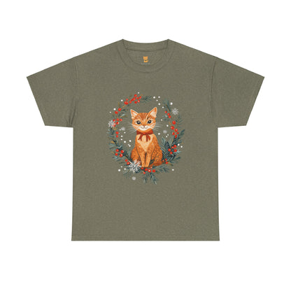 Festive Wreath Cat T-Shirt - Holiday Cat Design with Seasonal Charm